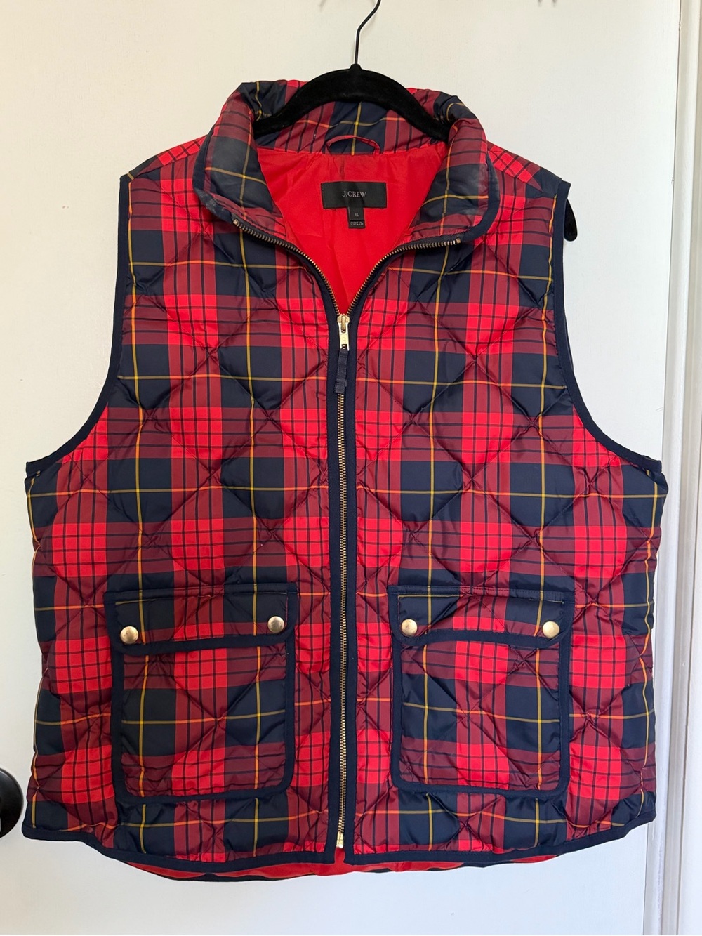 J. Crew Red and Navy Plaid Quilted Vest